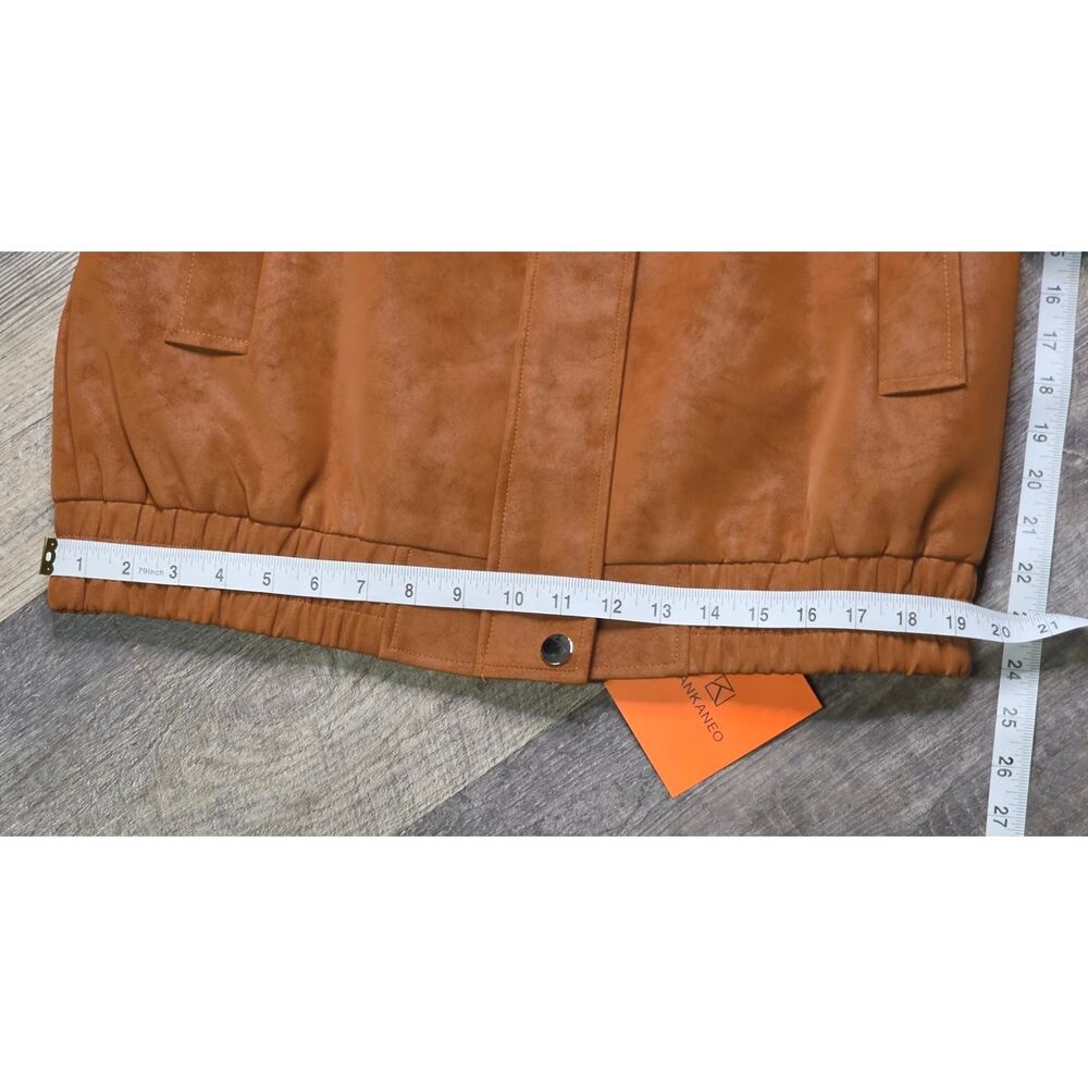 TANKANEO Faux Suede Bomber Jacket Camel Brown Zip Snap NWT S - Picture 7 of 10